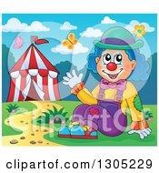 Cartoon Friendly Clown Sitting And Waving By A Big Top Circus Tent On A Spring Day