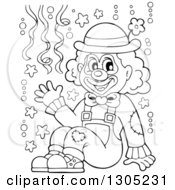 Poster, Art Print Of Cartoon Black And White Friendly Clown Sitting And Waving With Confetti