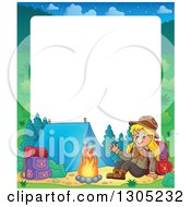 Border Of A Cartoon Blond White Girl Scout Sitting And Waving At A Camp Site