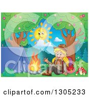 Cartoon Blond White Girl Scout Sitting And Waving At A Camp Site On A Sunny Day