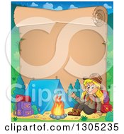 Clipart Of A Parchment Scroll Page With A Blond White Girl Scout Camping And Sitting By A Fire Royalty Free Vector Illustration by visekart