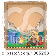 Poster, Art Print Of Worn Parchment Page With A Blond White Girl Scout Camping