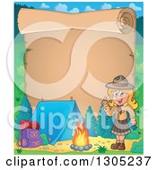 Parchment Scroll Page With A Blond White Girl Scout Camping And Holding Up A Finger By A Fire