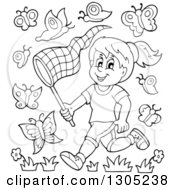 Cartoon Black And White Happy Girl Chasing Butterflies With A Net