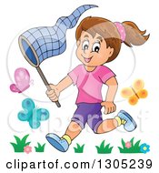 Poster, Art Print Of Cartoon Happy Brunette White Girl Chasing Butterflies With A Net
