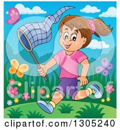 Poster, Art Print Of Cartoon Happy Brunette White Girl Chasing Butterflies With A Net On A Spring Day