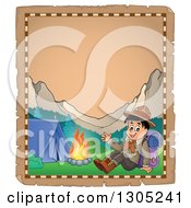 Clipart Of A Worn Parchment Page With A Boy Scout Resting By A Camp Fire And Mounains Royalty Free Vector Illustration by visekart