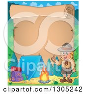 Clipart Of A Parchment Scroll Page With A Boy Scout Talking By A Camp Fire Royalty Free Vector Illustration by visekart