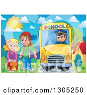 Poster, Art Print Of Cartoon Happy White Children Being Picked Up At A School Bus Stop On A Sunny Day