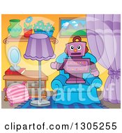 Poster, Art Print Of Cartoon Purple Robot Standing And Presenting On A Living Room Chair