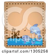 Poster, Art Print Of Worn Parchment Page Of An Island And Playful Dolphins