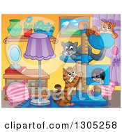 Poster, Art Print Of Cartoon Living Room Interior With Cats Playing And Sleeping On A Tree