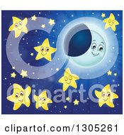 Clipart Of A Cartoon Happy Crescent Moon Stars And Lunar Light Rays Royalty Free Vector Illustration by visekart