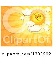 Poster, Art Print Of Cartoon Pleasant Sun With Puffy Clouds Flares And Sunset Rays