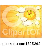 Clipart Of A Cartoon Pleasant Sun With Puffy Clouds Flares And Sunset Rays Royalty Free Vector Illustration by visekart