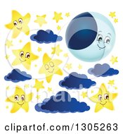 Clipart Of A Cartoon Happy Crescent Moon Clouds And Stars Royalty Free Vector Illustration by visekart