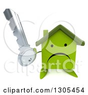 Clipart Of A 3d Unhappy Green Home Character Holding Up A Key Royalty Free Illustration