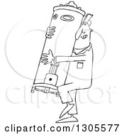 Cartoon Black And White Plumber Worker Man Carrying A Water Heater