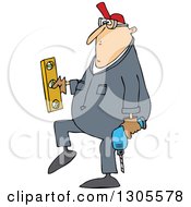 Cartoon Chubby White Worker Man Carrying A Power Drill And Level