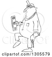Cartoon Black And White Chubby Worker Man Carrying A Power Drill And Level