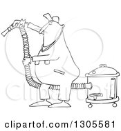 Lineart Clipart Of A Cartoon Black And White Chubby Worker Man Using A Shop Vacuum Royalty Free Outline Vector Illustration by djart