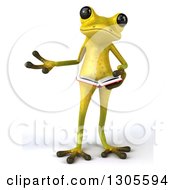 Clipart Of A 3d Light Green Springer Frog Presenting And Holding An Open Book Royalty Free Illustration by Julos