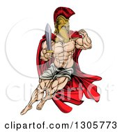 Poster, Art Print Of Muscular Gladiator Man In A Helmet Fighting With A Sword And Holding Up A Fist