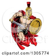 Poster, Art Print Of Strong Spartan Trojan Warrior Mascot Sprinting With A Sword And Shield