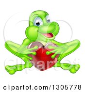 Cartoon Happy Green Frog Crouching And Holding A Glassy Red Heart