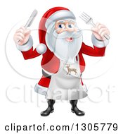 Poster, Art Print Of Happy Christmas Santa Claus Wearing An Apron And Holding Silverware