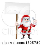 Clipart Of A Happy Christmas Santa Claus Holding A Spanner Wrench And Blank Sign Royalty Free Vector Illustration