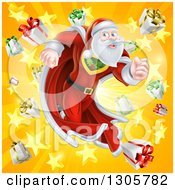 Poster, Art Print Of Super Hero Santa Claus Running In A Christmas Suit Over A Star Burst With Gifts