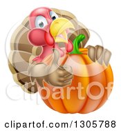 Poster, Art Print Of Turkey Bird Giving A Thumb Up And Looking Around A Thanksgiving Pumpkin