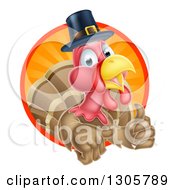 Poster, Art Print Of Pleased Thanksgiving Turkey Bird Wearing A Pilgrim Hat And Giving A Thumb Up And Emerging From A Circle Of Rays