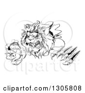 Poster, Art Print Of Black And White Roaring Lion Mascot Shredding Through A Wall