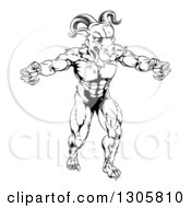 Poster, Art Print Of Black And White Muscular Vicious Ram Man With Claws Bared
