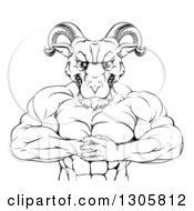 Clipart Of A Black And White Muscular Tough Angry Ram Man Punching One Fist Into A Palm Royalty Free Vector Illustration