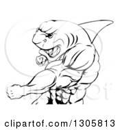 Poster, Art Print Of Black And White Mad Muscular Shark Man Mascot Punching