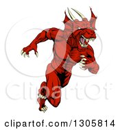 Poster, Art Print Of Muscular Vicious Red Dragon Man Mascot Running Upright