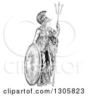Poster, Art Print Of Black And White Engraved Athena Britannia With A Trident And Shield