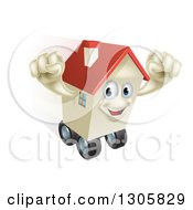 Poster, Art Print Of Happy House Character Cheering And Moving While Rolling On Wheels