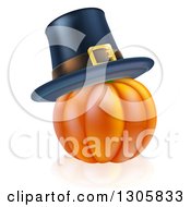 Poster, Art Print Of 3d Orange Thanksgiving Pumpkin With A Pilgrim Hat And Reflection