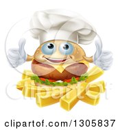 Happy Cheeseburger Chef Holding Two Thumbs Up Over French Fries