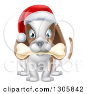 Poster, Art Print Of Christmas Dog Sitting With A Bone In His Mouth And A Santa Hat On His Head
