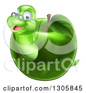Happy Bespectacled Worm Emerging From A Green Apple