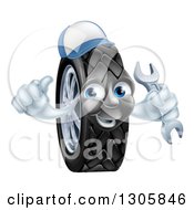 Happy Tire Character Wearing A Baseball Cap Giving A Thumb Up And Holding A Wrench