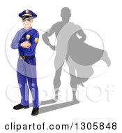 Poster, Art Print Of Caucasian Male Police Officer Standing With Folded Arms And A Super Hero Shadow