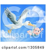 Poster, Art Print Of Stork Bird Flying A Baby Boy In A Bundle Against A Blue Sky With Clouds And Sunshine