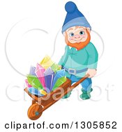 Happy Mining Gnome Pushing Colorful Crystals On A Wheelbarrow