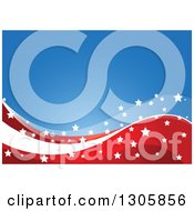 Clipart Of A Blue Background With White Stars Over Red And White American Wave Stripes Royalty Free Vector Illustration